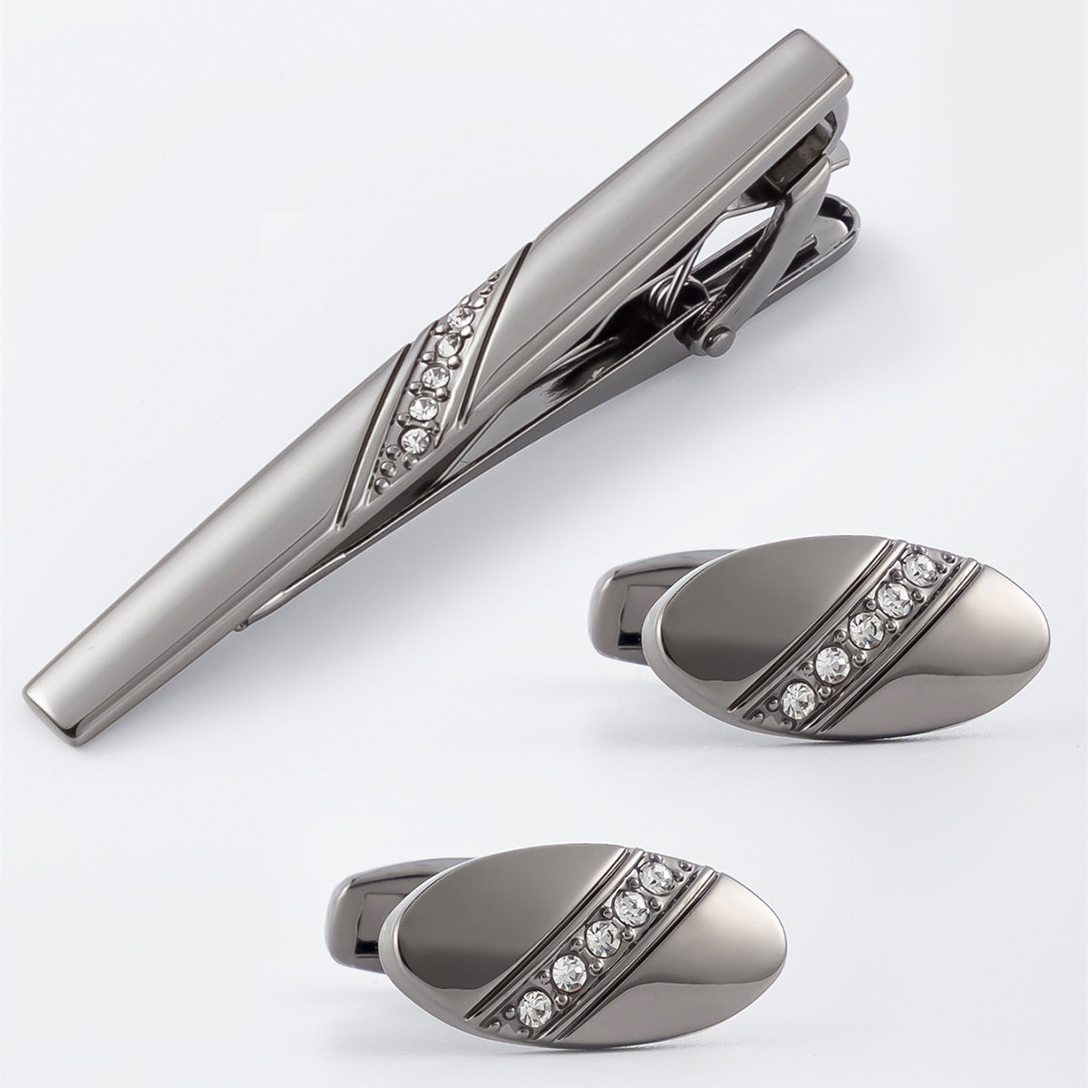 Gold Oval Crystal Row Cufflinks Tie Bar Set