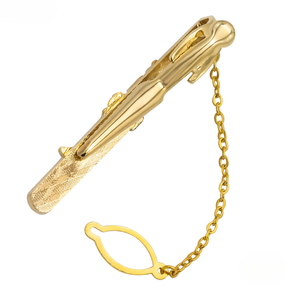 Gold Silver Trumpet Shape Tie Bar with Chain