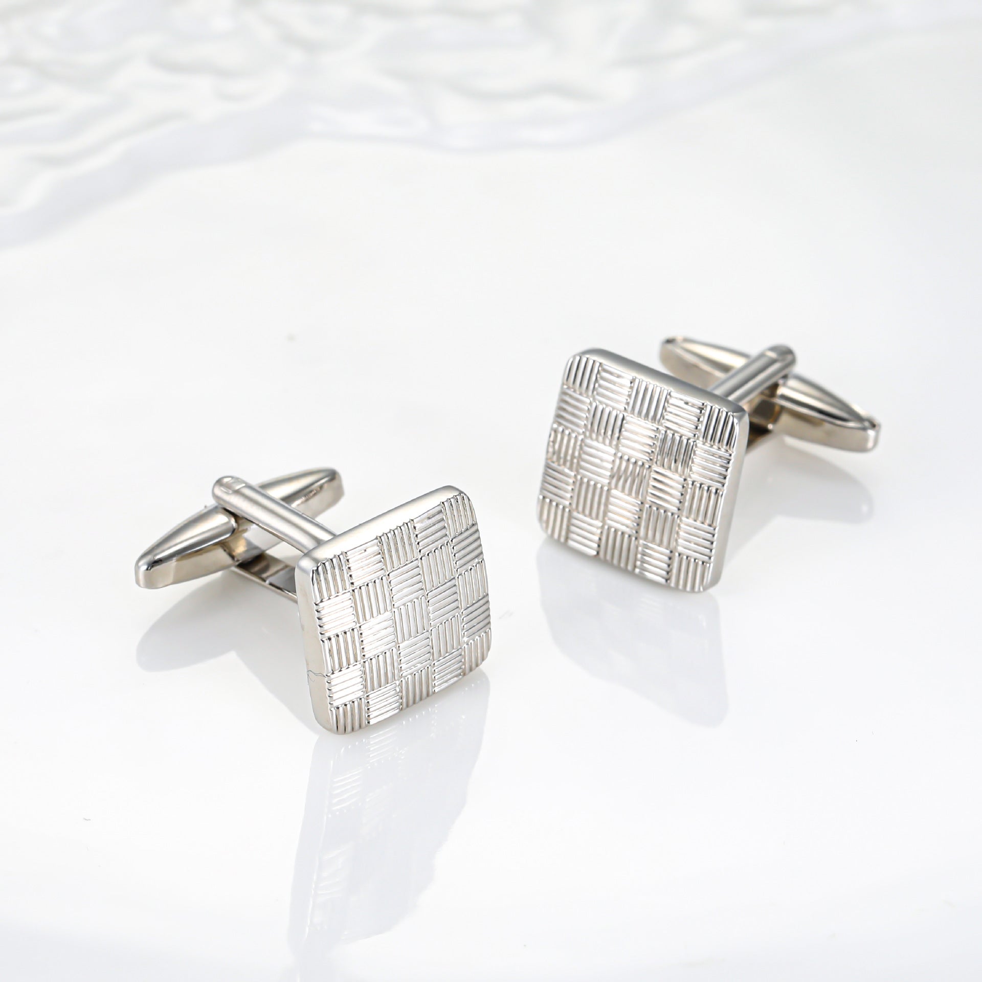 Men Silver Woven Texture Square Copper Cufflinks