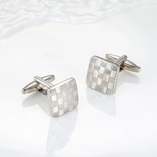 Men Silver Woven Texture Square Copper Cufflinks