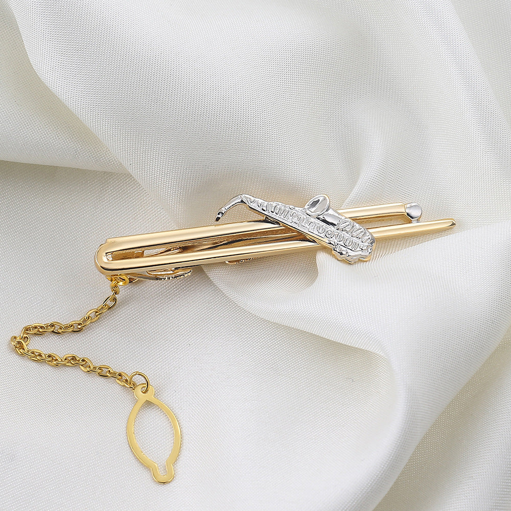 Gold Saxophone Shape Tie Bar with Chain