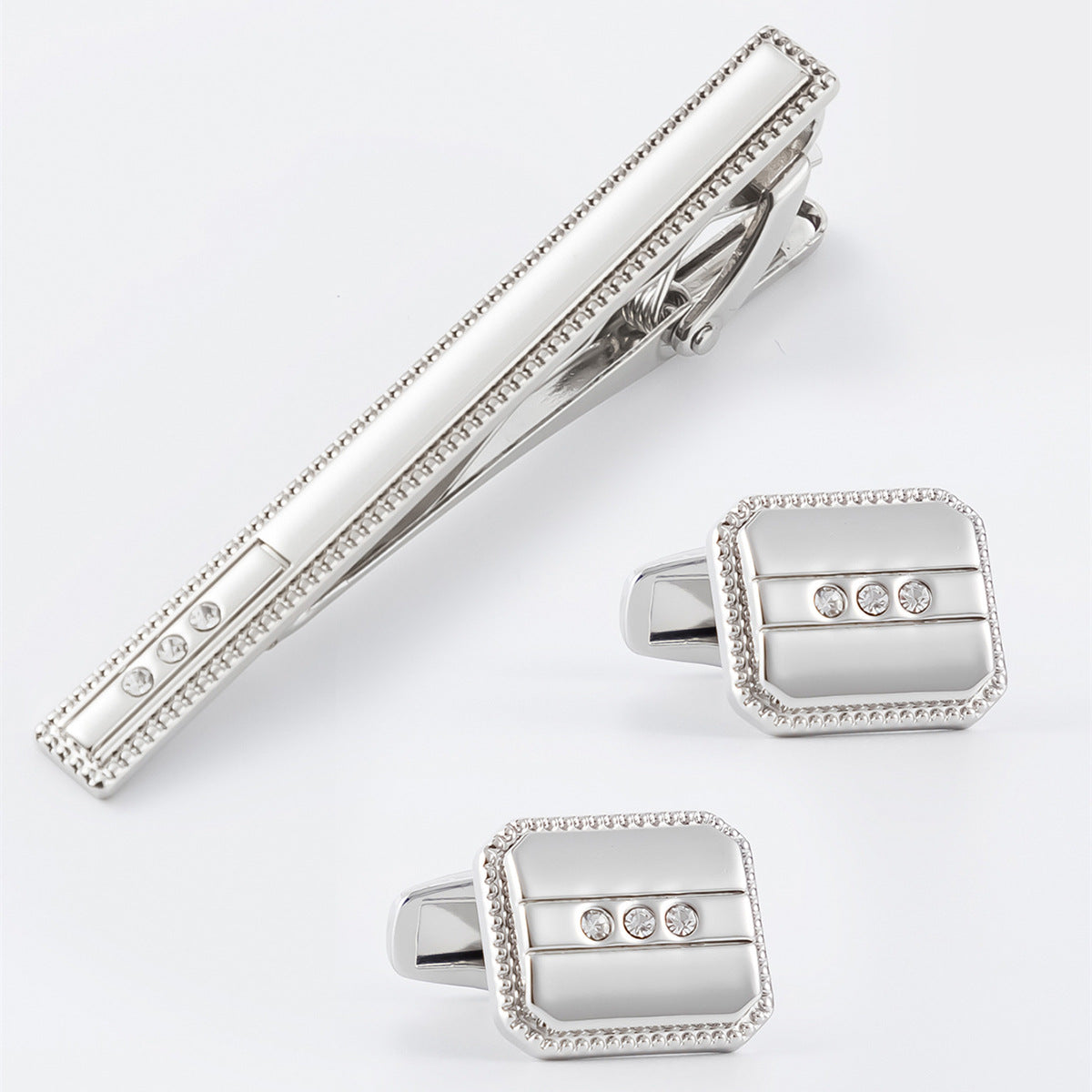 Beaded Border Crystal Cufflinks and Tie Bar Set