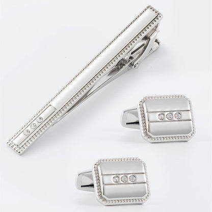 Beaded Border Crystal Cufflinks and Tie Bar Set