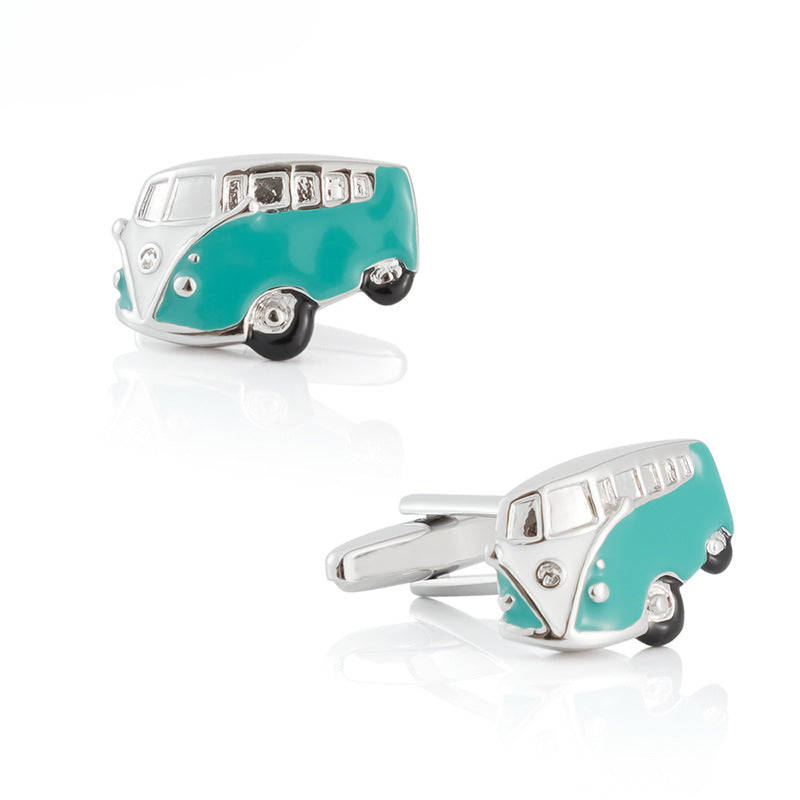 Men Silver Teal Enamel Mini Bus Novelty Cufflinks