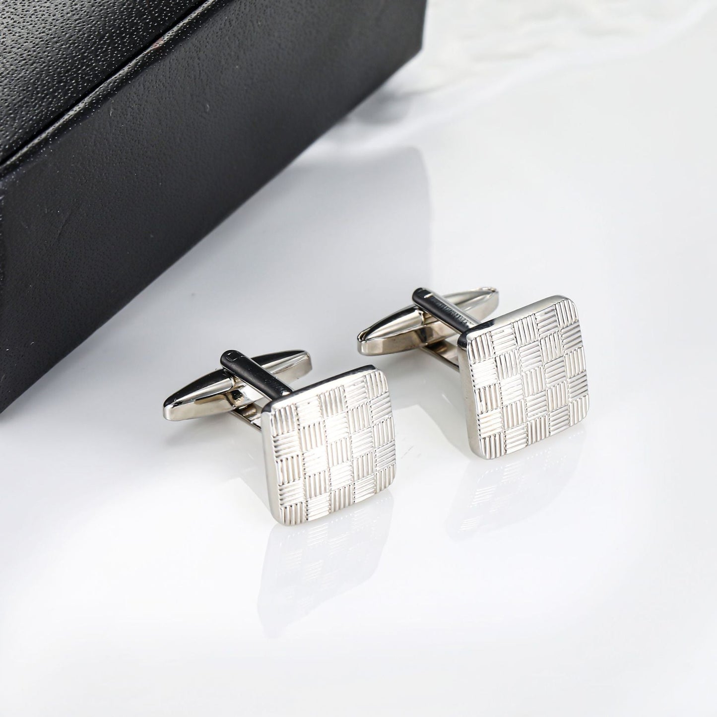 Men Silver Woven Texture Square Copper Cufflinks