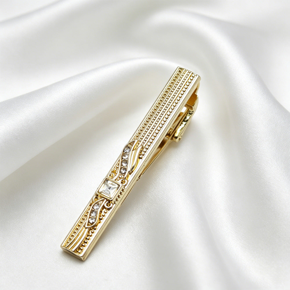 Gold Ornate Beaded Crystal Accent Tie Bar