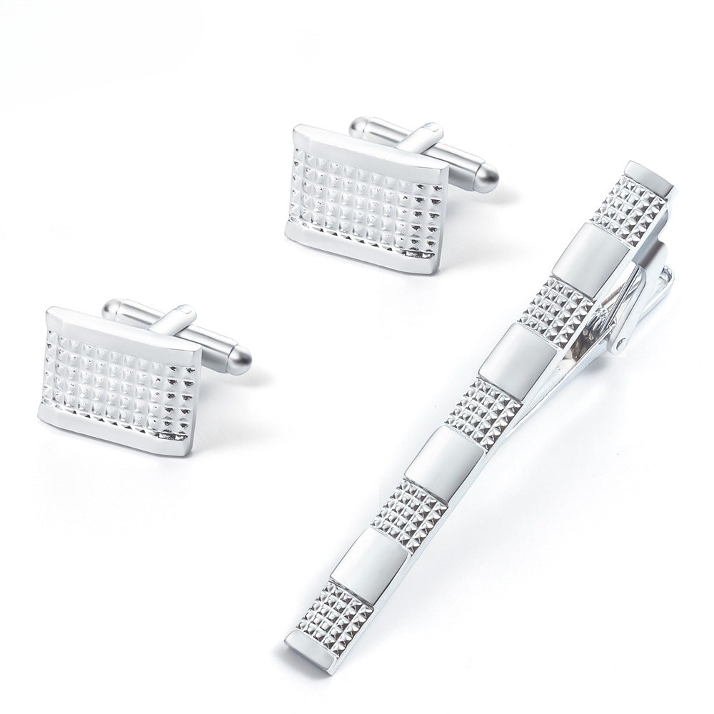Silver Grid Texture Rectangular Cufflinks Tie Bar Set