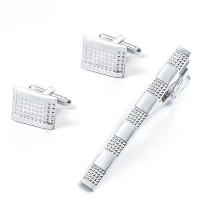 Silver Grid Texture Rectangular Cufflinks Tie Bar Set