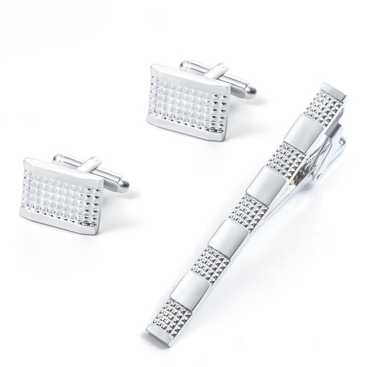 Silver Grid Texture Rectangular Cufflinks Tie Bar Set