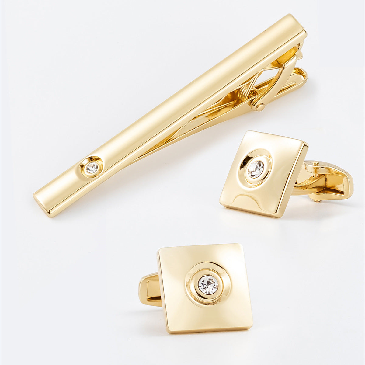 Gold Square Crystal Cufflinks and Tie Bar Set