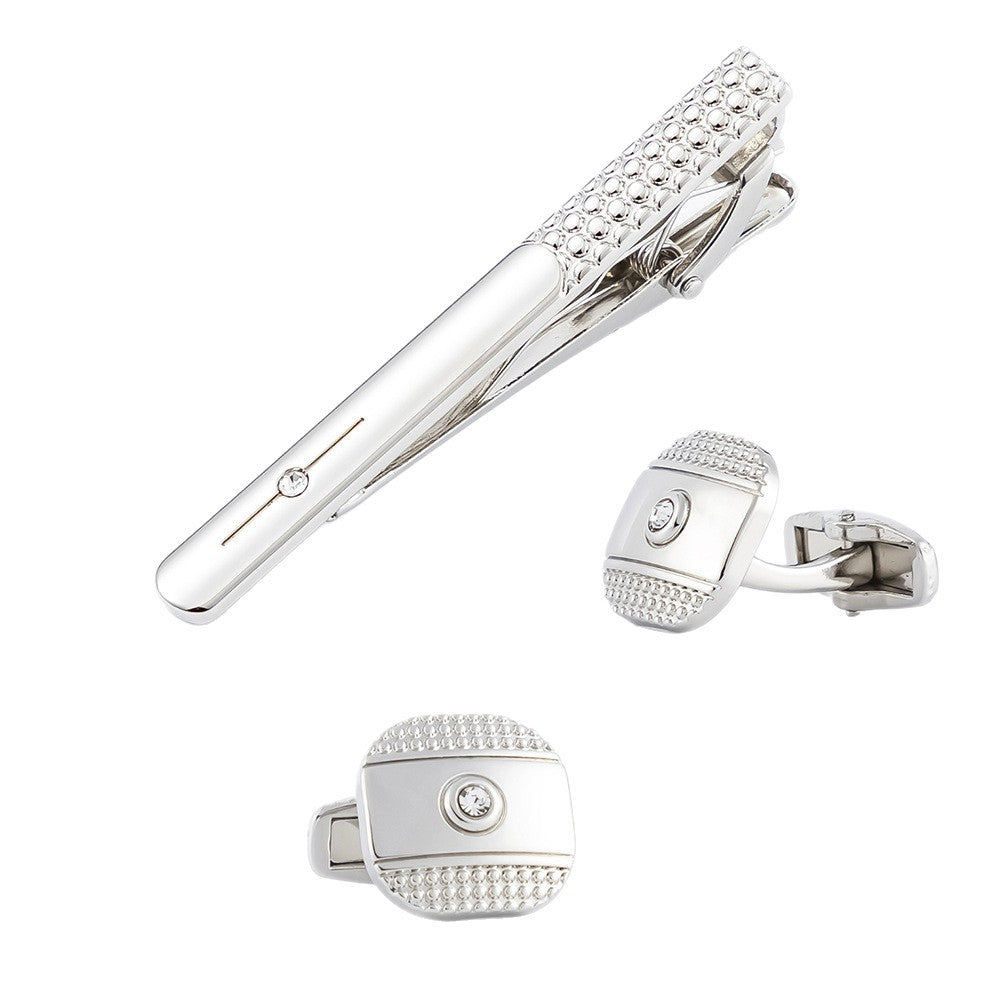 Studded Texture Crystal Cufflinks and Tie Bar Set