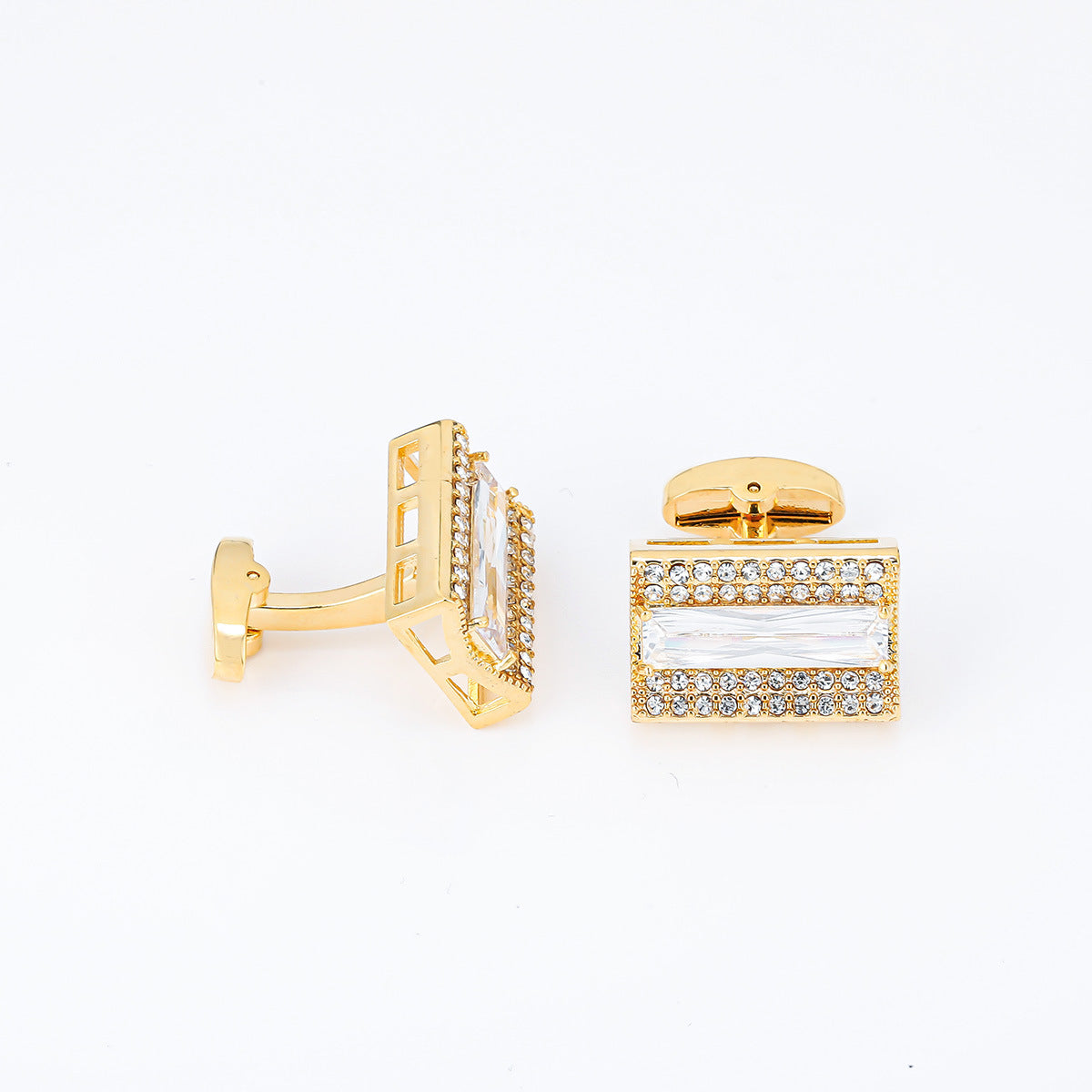Gold Baguette Crystal Pave Rectangular Cufflinks