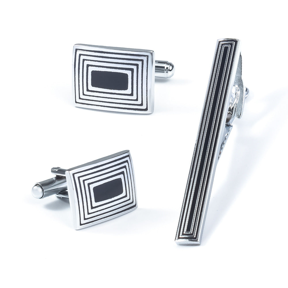 Silver Black Enamel Cufflinks and Tie Bar Set