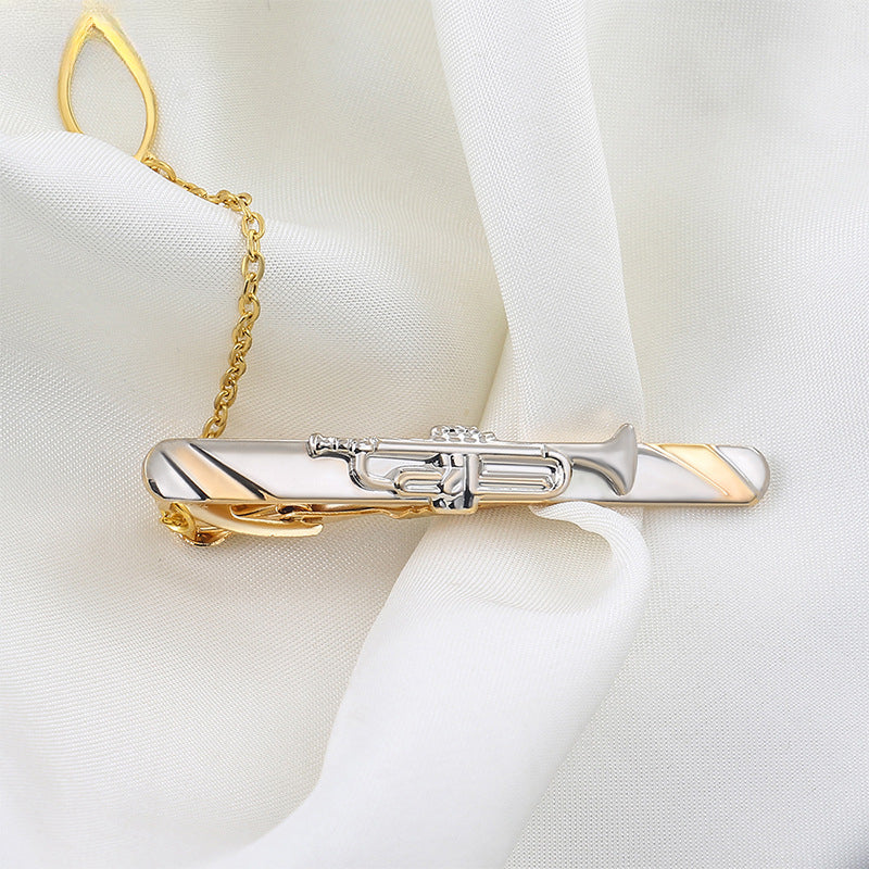 Gold Silver Trumpet Shape Tie Bar with Chain
