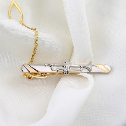 Gold Silver Trumpet Shape Tie Bar with Chain