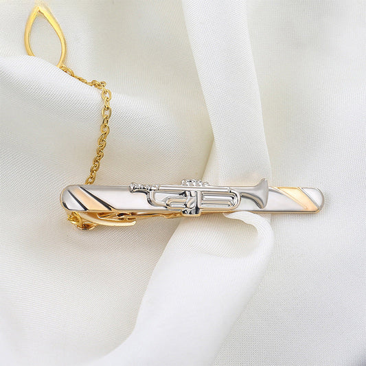 Gold Silver Trumpet Shape Tie Bar with Chain