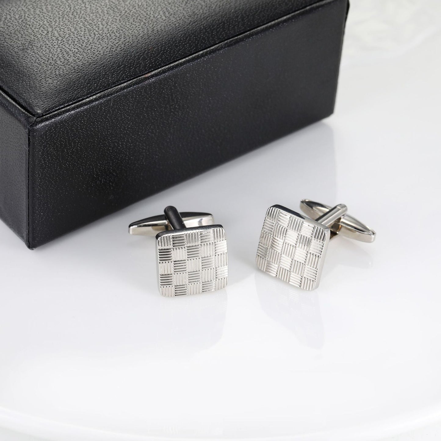 Men Silver Woven Texture Square Copper Cufflinks