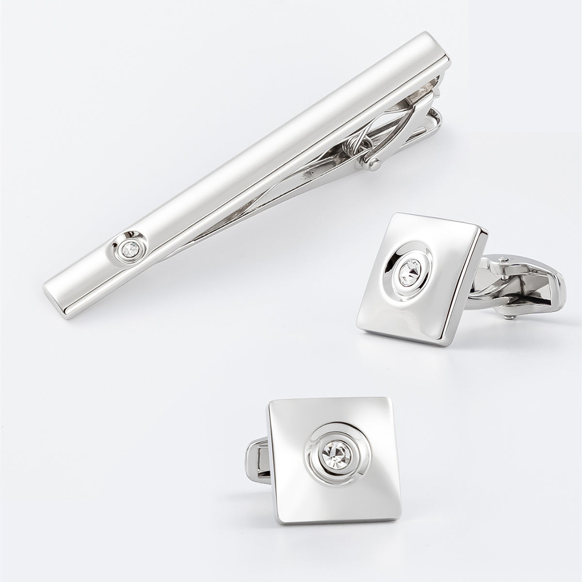 Gold Square Crystal Cufflinks and Tie Bar Set