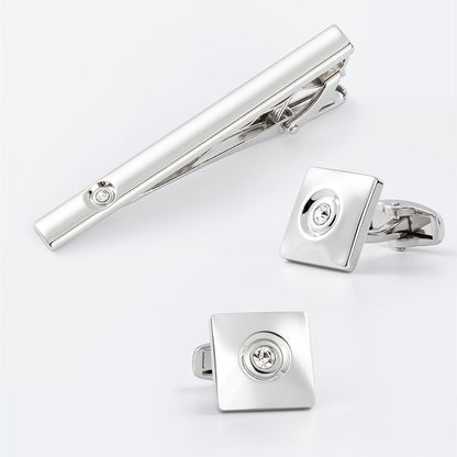 Gold Square Crystal Cufflinks and Tie Bar Set