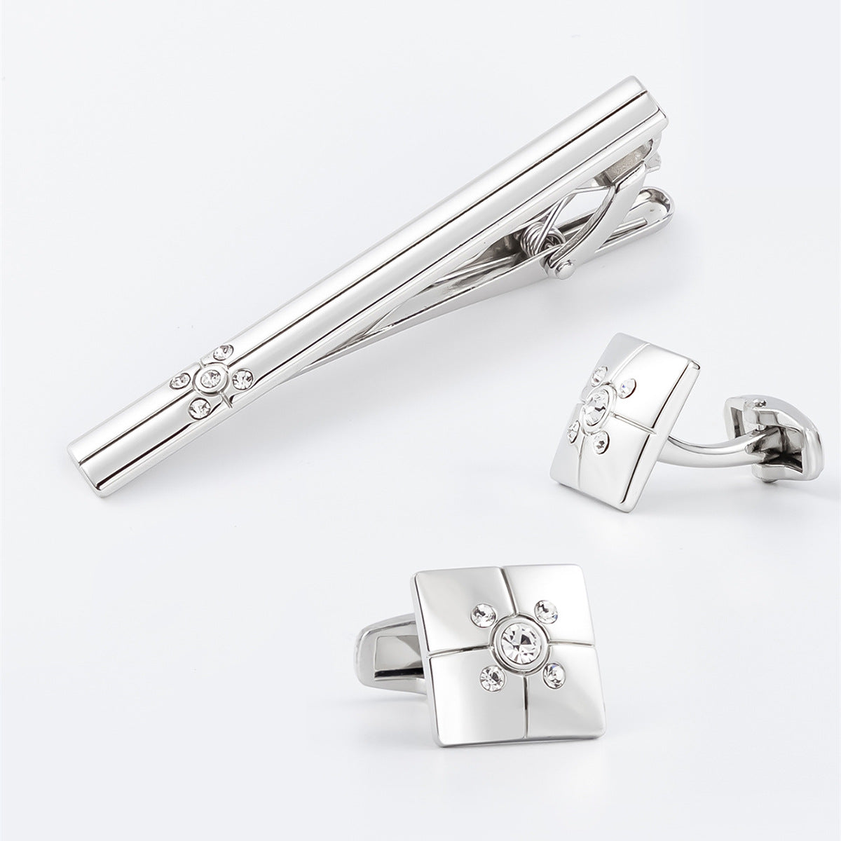 Gold Cross Crystal Square Cufflinks Tie Bar Set