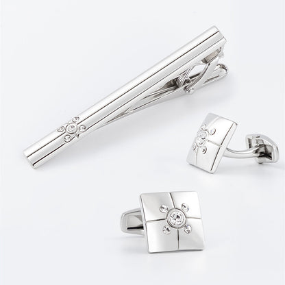 Gold Cross Crystal Square Cufflinks Tie Bar Set