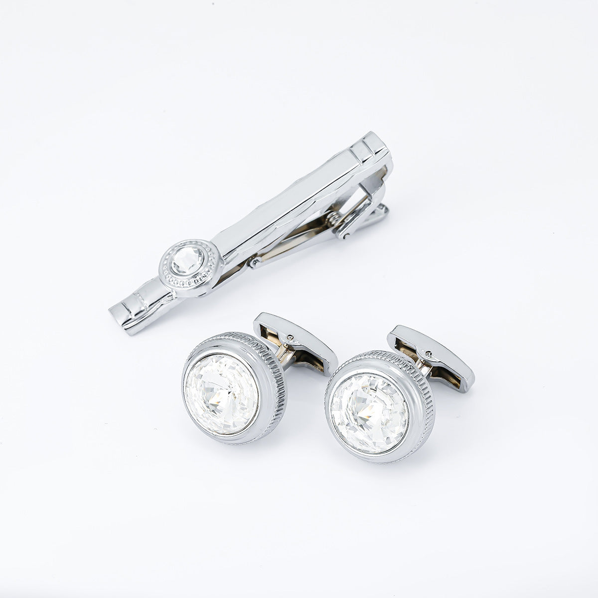 Silver Round  Crystal Cufflinks and Tie Bar Set