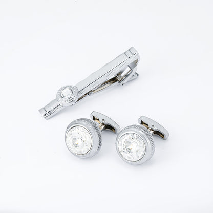 Silver Round  Crystal Cufflinks and Tie Bar Set