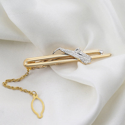 Gold Saxophone Shape Tie Bar with Chain