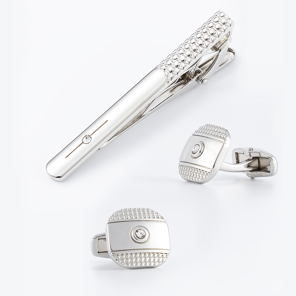 Studded Texture Crystal Cufflinks and Tie Bar Set