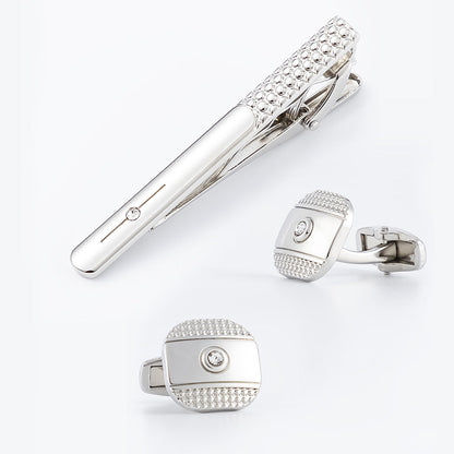 Studded Texture Crystal Cufflinks and Tie Bar Set