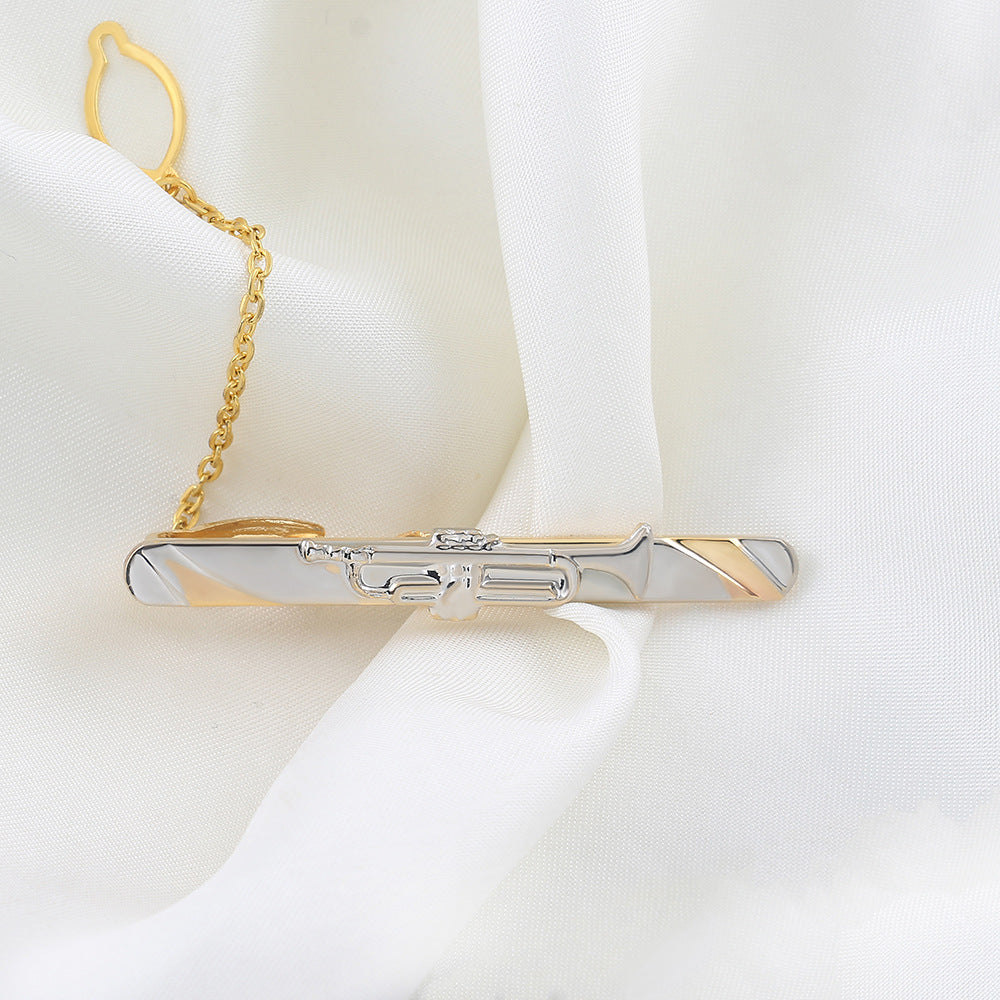 Gold Silver Trumpet Shape Tie Bar with Chain