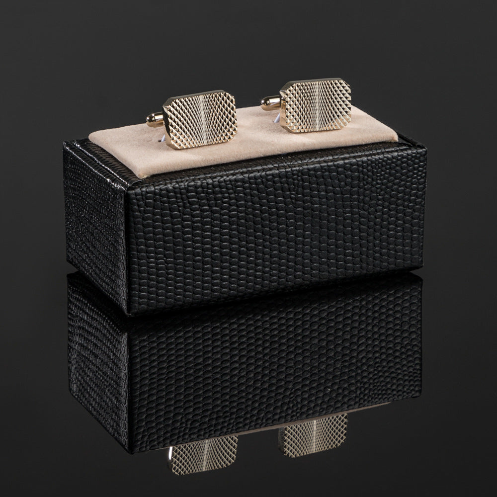 Men Gold Tone Grid Texture Rectangle Copper Cufflinks