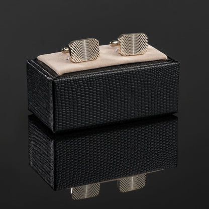 Men Gold Tone Grid Texture Rectangle Copper Cufflinks