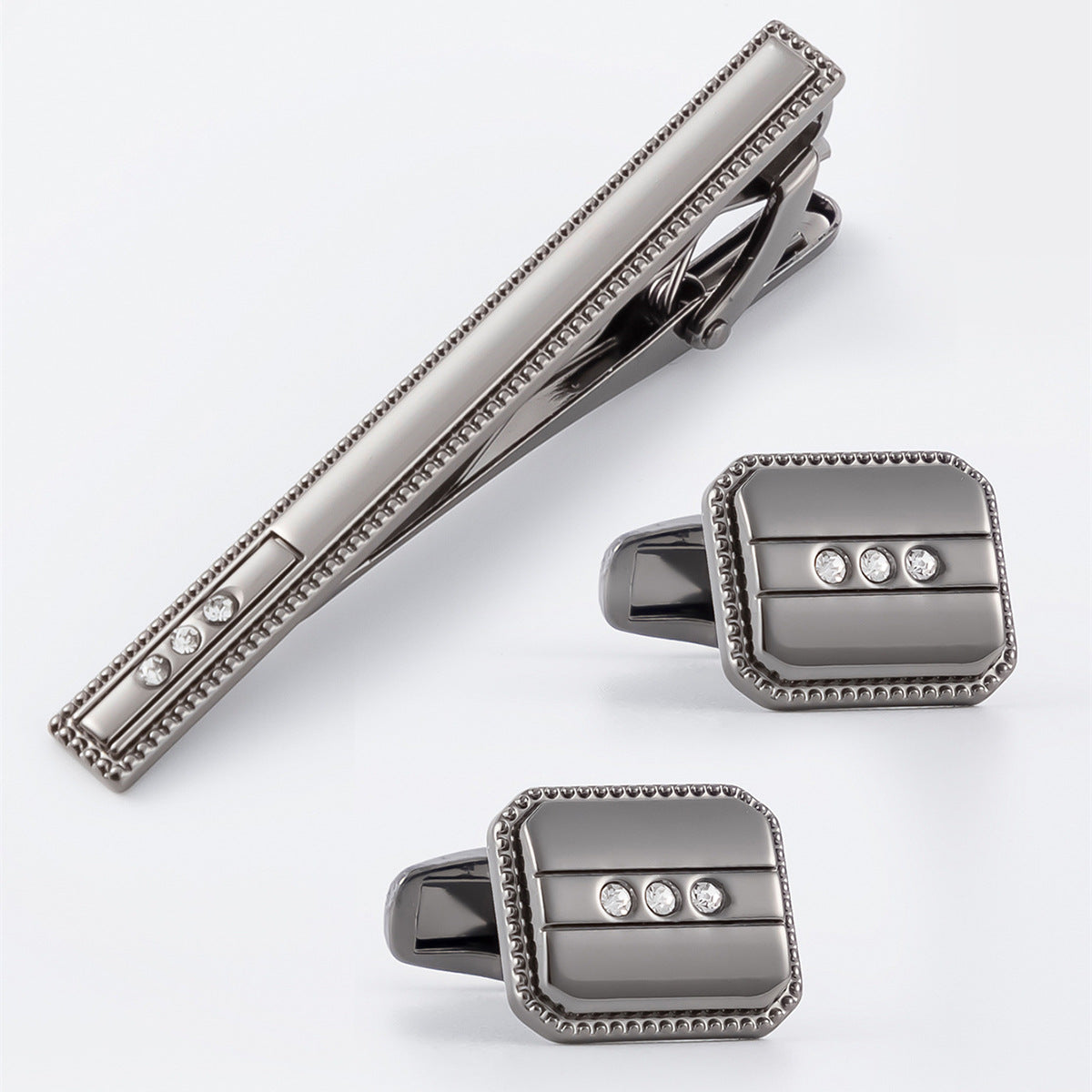 Beaded Border Crystal Cufflinks and Tie Bar Set