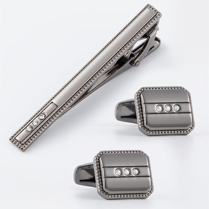 Beaded Border Crystal Cufflinks and Tie Bar Set