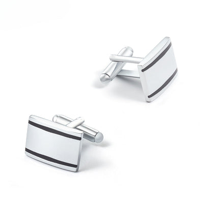 Silver Black Stripe Metal Cufflinks and Tie Bar Set