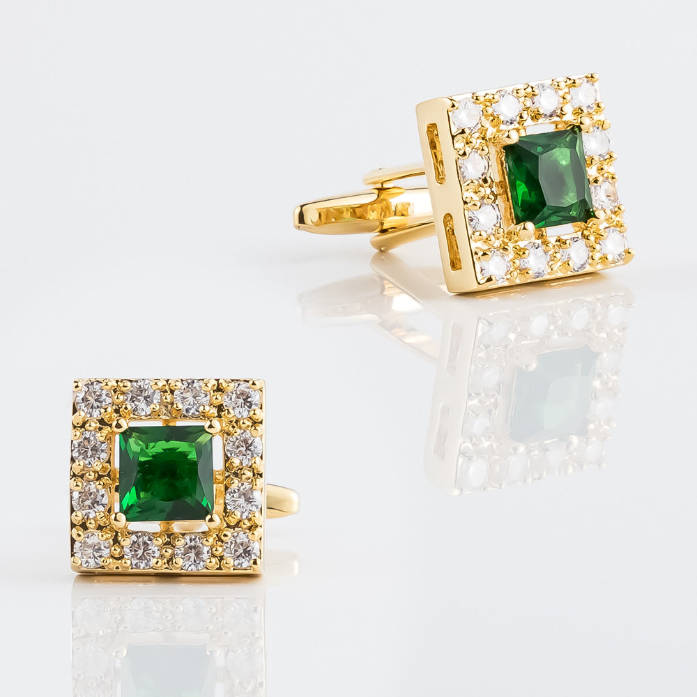 Gold Square Green Crystal Halo Cufflinks