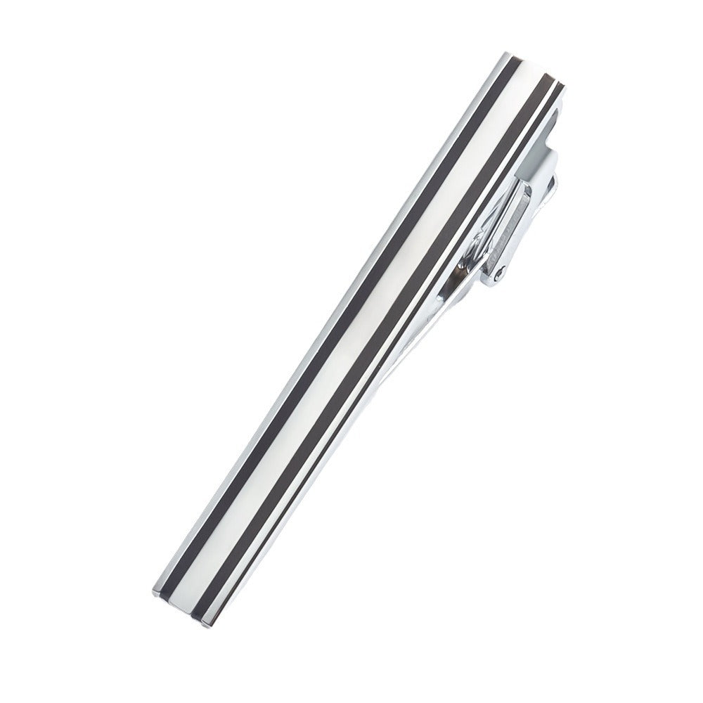 Silver Black Stripe Metal Cufflinks and Tie Bar Set