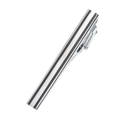 Silver Black Stripe Metal Cufflinks and Tie Bar Set