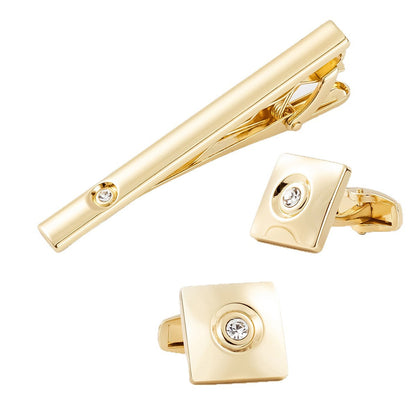 Gold Square Crystal Cufflinks and Tie Bar Set
