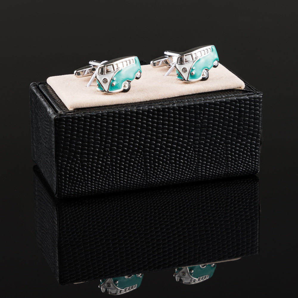 Men Silver Teal Enamel Mini Bus Novelty Cufflinks