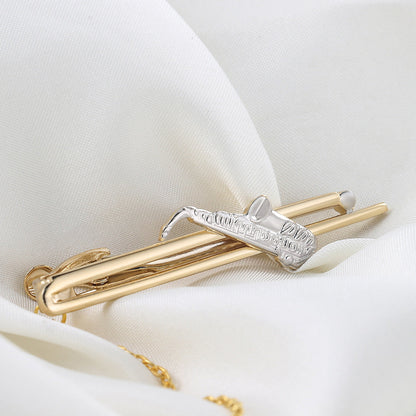 Gold Saxophone Shape Tie Bar with Chain