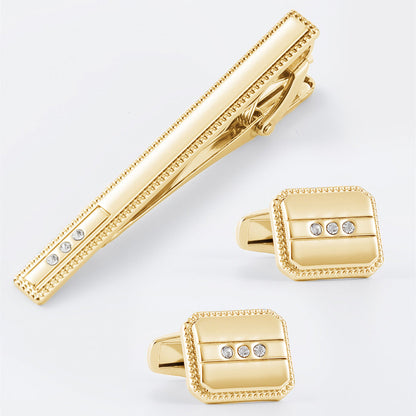 Beaded Border Crystal Cufflinks and Tie Bar Set