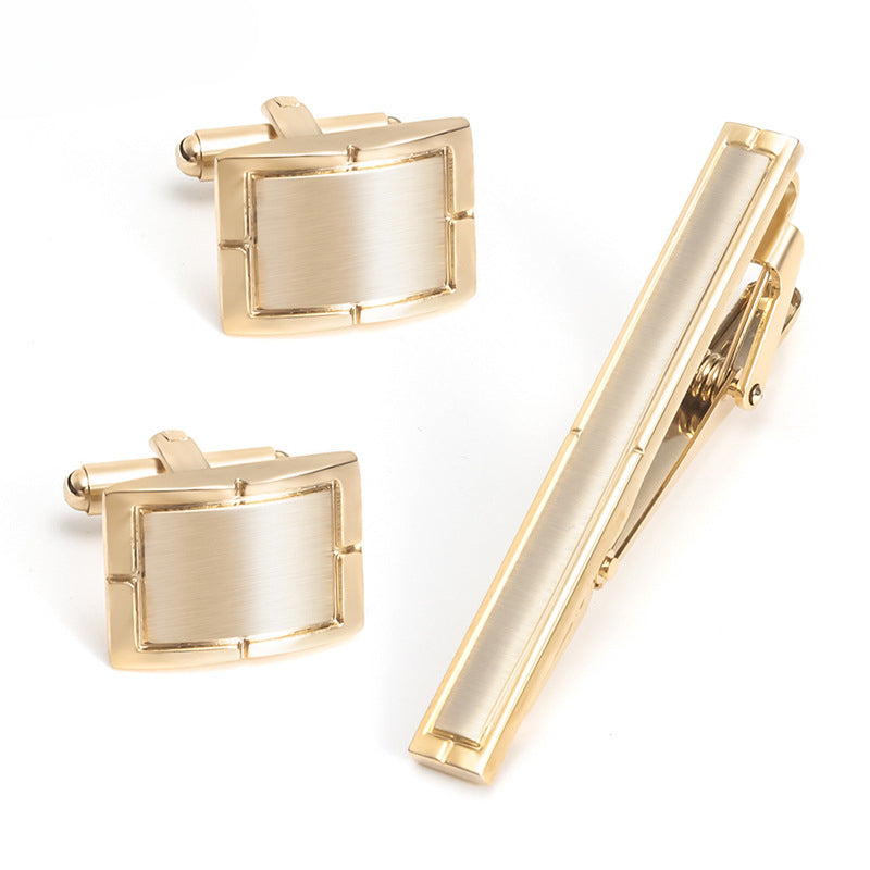 Gold Brushed Rectangular Cufflinks Tie Bar Set