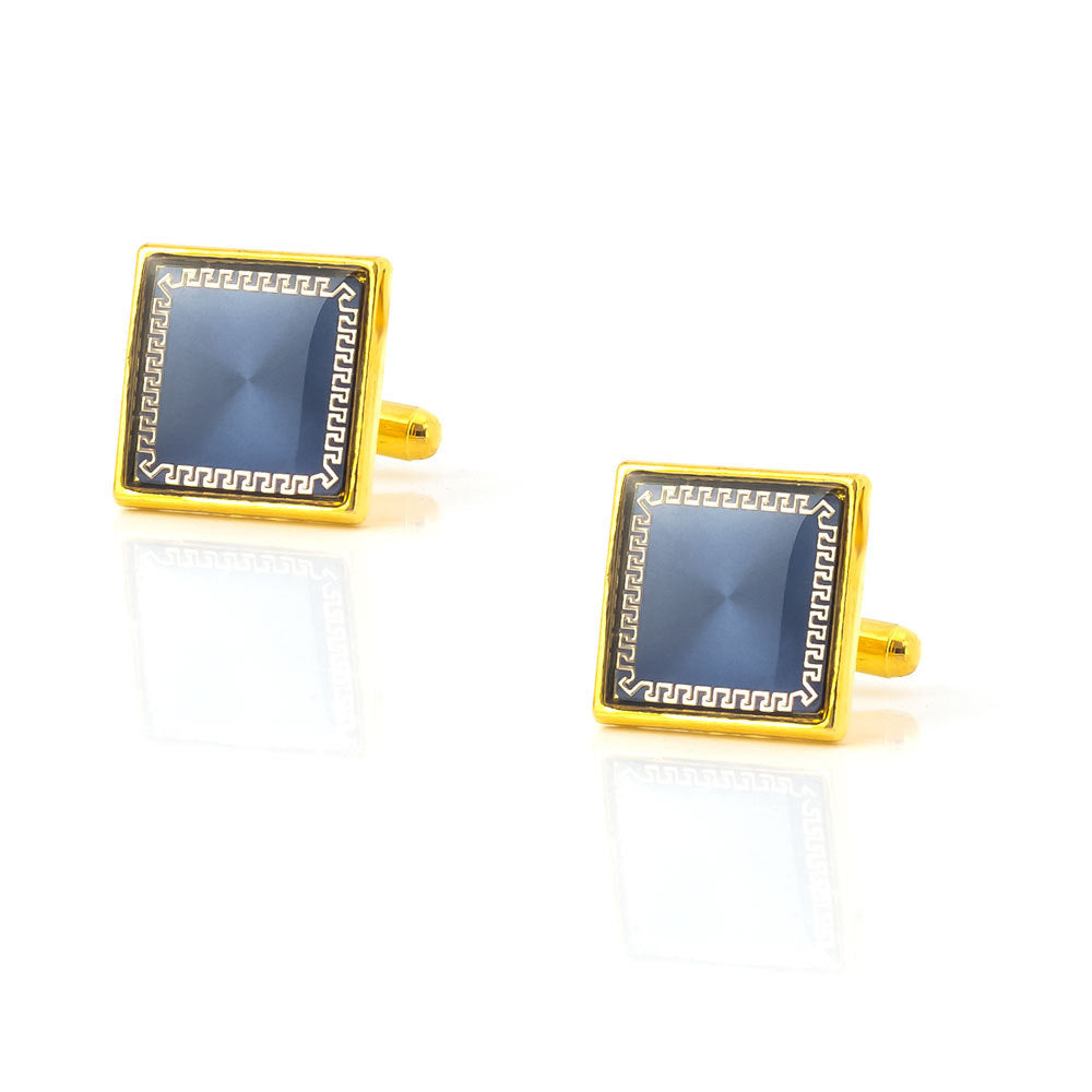 Men Gold Blue Resin Greek Key Square Cufflinks