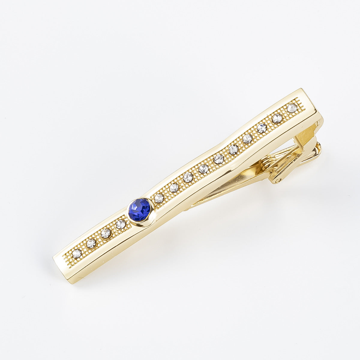 Gold Blue Crystal Row Accent Tie Bar