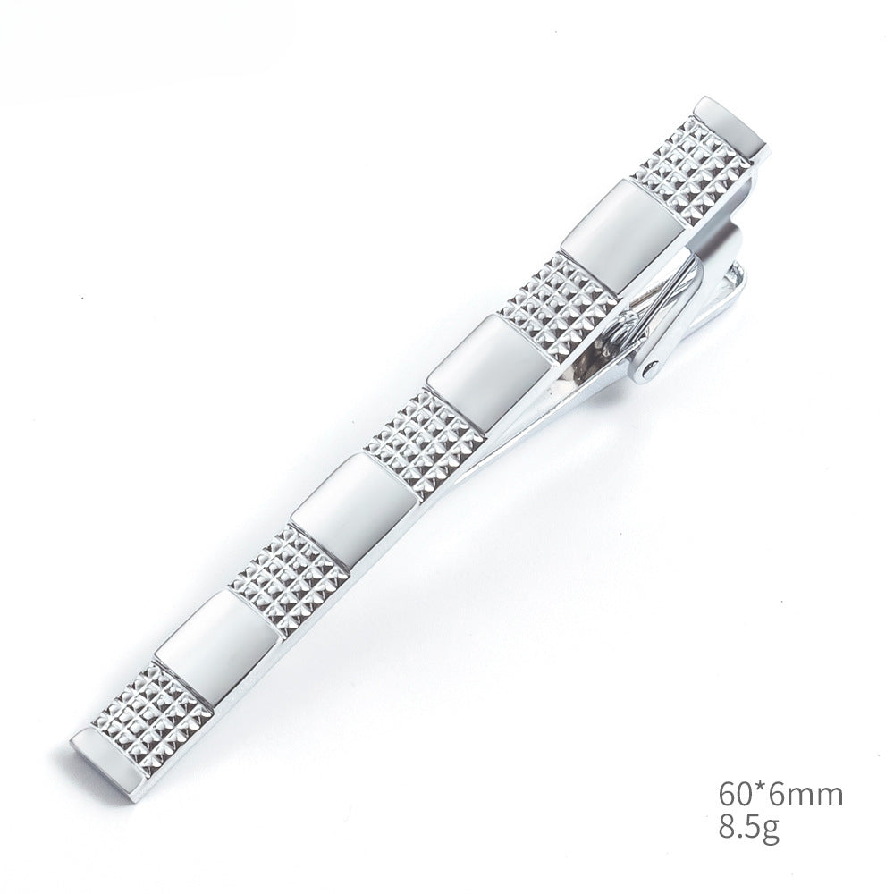 Silver Grid Texture Rectangular Cufflinks Tie Bar Set