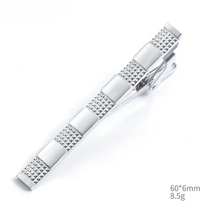 Silver Grid Texture Rectangular Cufflinks Tie Bar Set