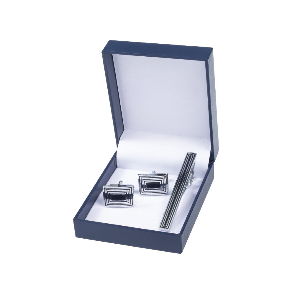Silver Black Enamel Cufflinks and Tie Bar Set