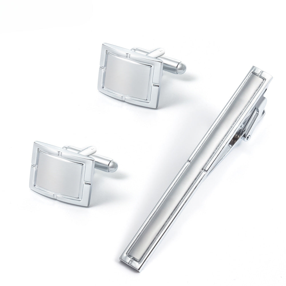 Silver Rectangular Cufflinks and Tie Clip Set